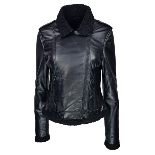 Blouson biker femme cuir noir avec doublure effet peau de mouton – look hivernal chic