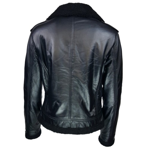 Blouson biker femme cuir noir avec doublure effet peau de mouton – look hivernal chic