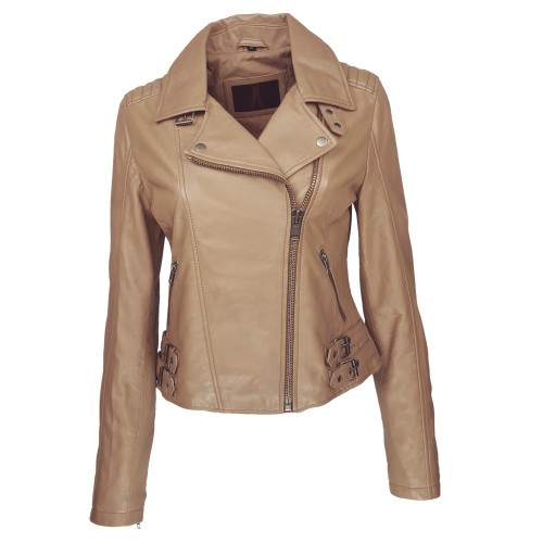 Blouson perfecto cuir d’agneau beige camel avec coupe ajustée et détails raffinés