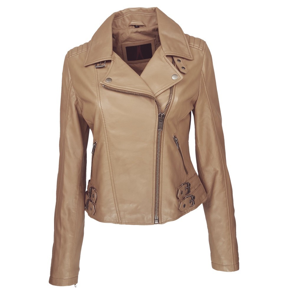 Blouson perfecto cuir d’agneau beige camel avec coupe ajustée et détails raffinés