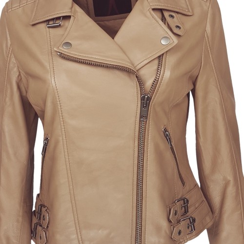 Blouson perfecto cuir d’agneau beige camel avec coupe ajustée et détails raffinés