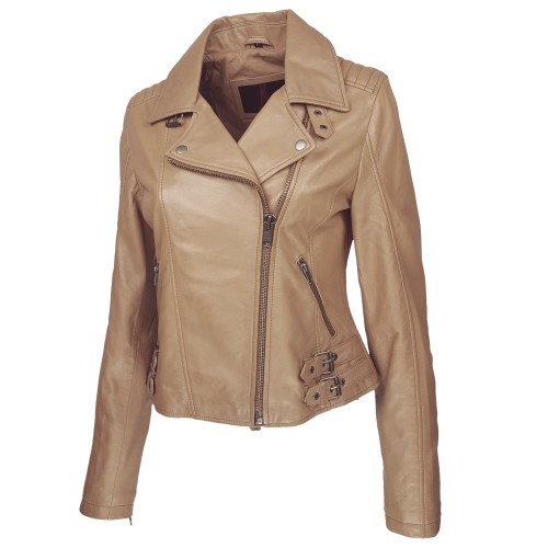 Blouson perfecto cuir d’agneau beige camel avec coupe ajustée et détails raffinés