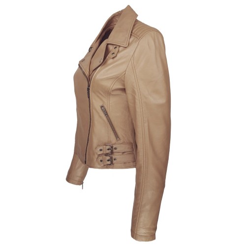 Blouson perfecto cuir d’agneau beige camel avec coupe ajustée et détails raffinés