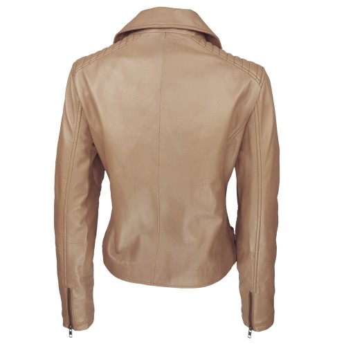 Blouson perfecto cuir d’agneau beige camel avec coupe ajustée et détails raffinés