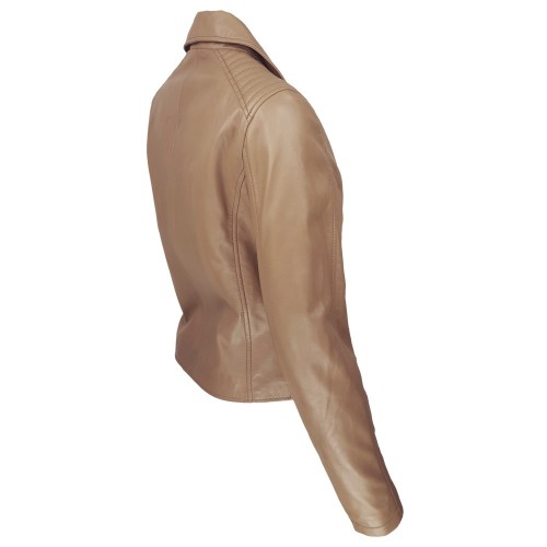 Blouson perfecto cuir d’agneau beige camel avec coupe ajustée et détails raffinés