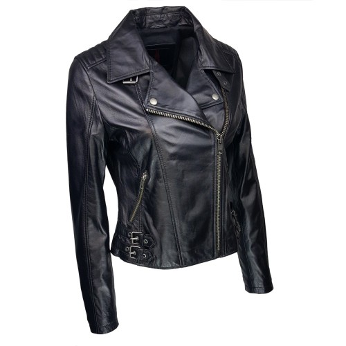 Blouson style perfecto noir femme en cuir d’agneau – coupe ajustée et détails rock
