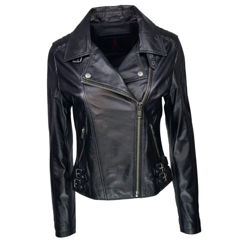 Blouson style perfecto noir femme en cuir d’agneau – coupe ajustée et détails rock