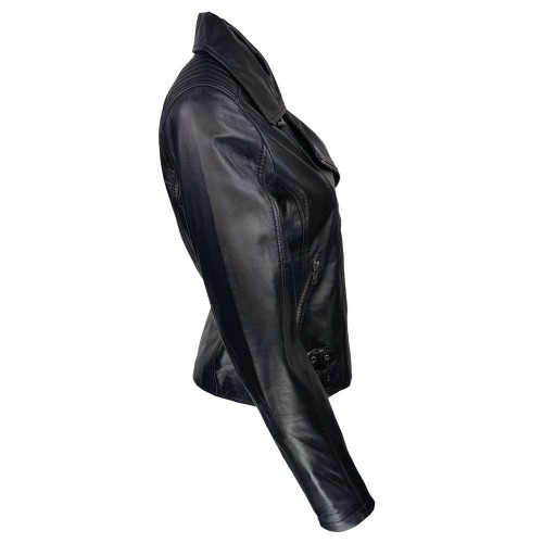 Blouson style perfecto noir femme en cuir d’agneau – coupe ajustée et détails rock