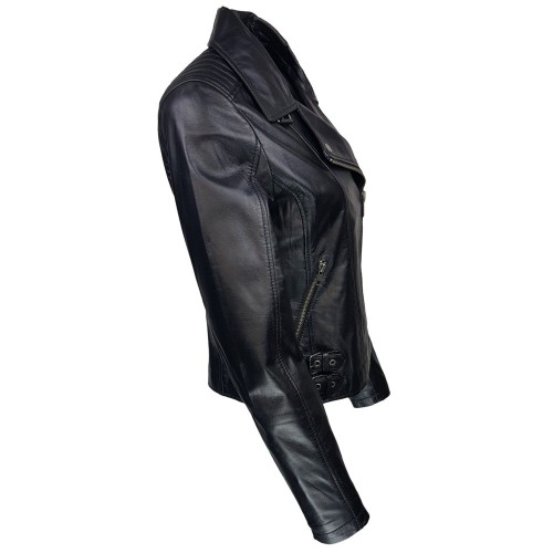 Blouson style perfecto noir femme en cuir d’agneau – coupe ajustée et détails rock