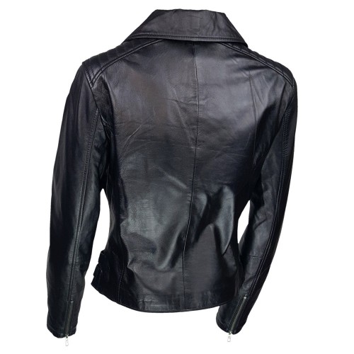Blouson style perfecto noir femme en cuir d’agneau – coupe ajustée et détails rock