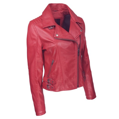 Blouson style perfecto rouge femme en cuir d’agneau – coupe ajustée et allure audacieuse