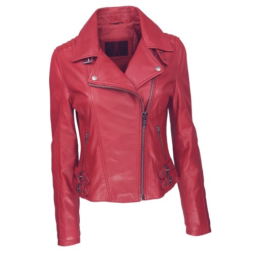 Blouson style perfecto rouge femme en cuir d’agneau – coupe ajustée et allure audacieuse