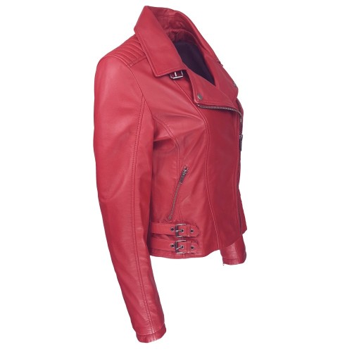Blouson style perfecto rouge femme en cuir d’agneau – coupe ajustée et allure audacieuse