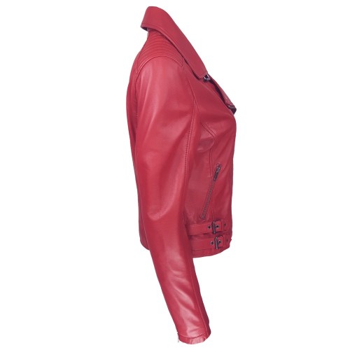 Blouson style perfecto rouge femme en cuir d’agneau – coupe ajustée et allure audacieuse
