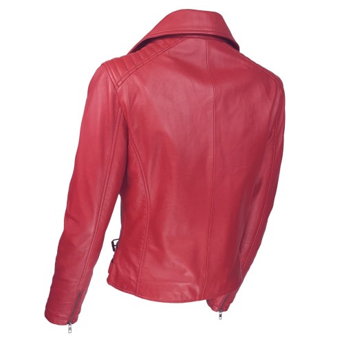 Blouson style perfecto rouge femme en cuir d’agneau – coupe ajustée et allure audacieuse