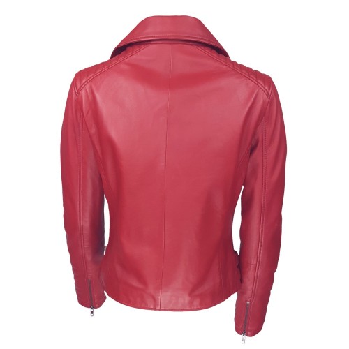 Blouson style perfecto rouge femme en cuir d’agneau – coupe ajustée et allure audacieuse