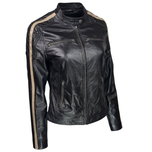 Blouson cuir marron foncé femme, col rond et poches zippées
