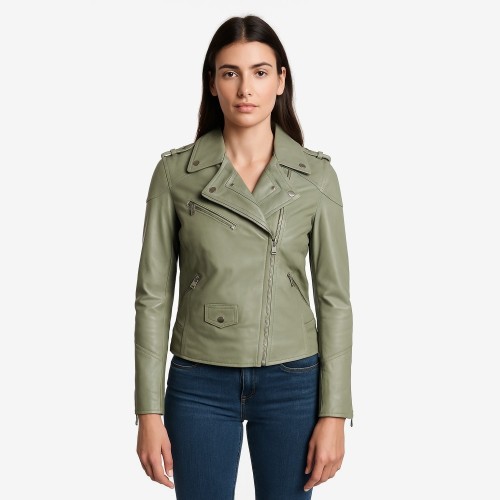 Blouson style perfecto en cuir d’agneau pistache pour femme