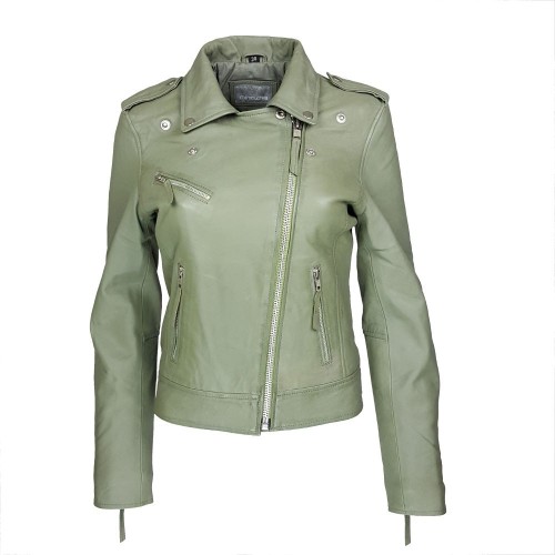 Blouson perfecto vert pistache en cuir d’agneau pour femme – style biker élégant et moderne
