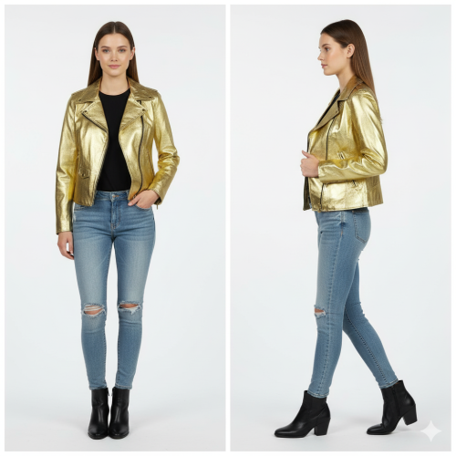 Blouson perfecto femme en cuir d’agneau – Teinte or chic, audacieuse et lumineuse