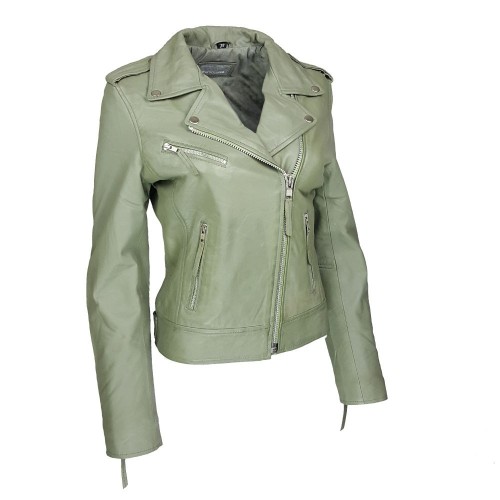 Blouson perfecto vert pistache en cuir d’agneau pour femme – style biker élégant et moderne