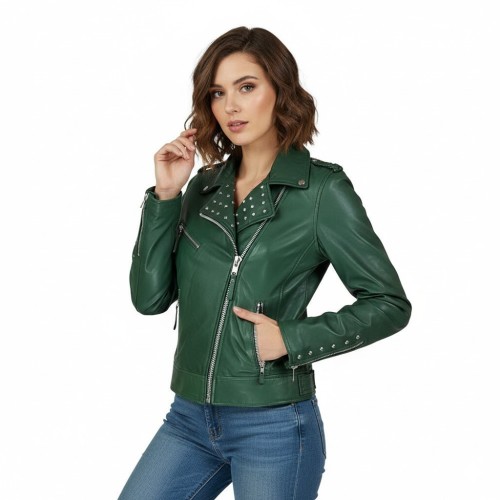Blouson perfecto femme en cuir d’agneau vert foncé avec clous décoratifs