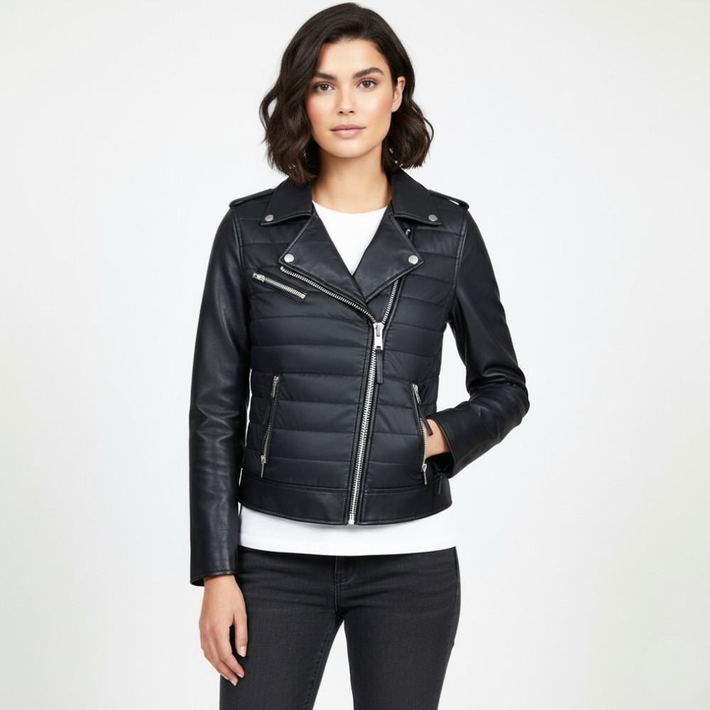 Blouson perfecto noir femme bimatière cuir et matelass