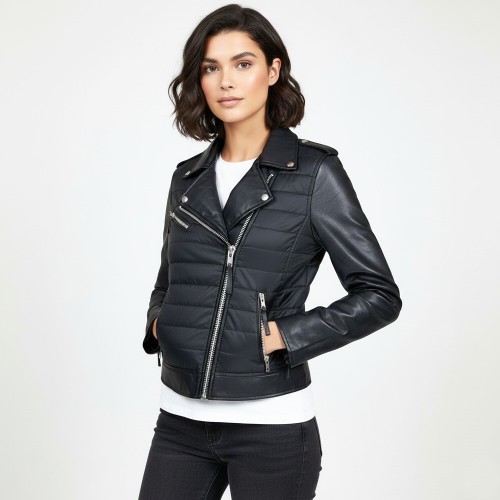 Blouson perfecto noir femme bimatière cuir et matelass