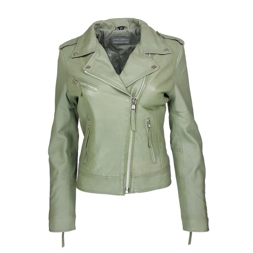 Blouson perfecto vert pistache en cuir d’agneau pour femme – style biker élégant et moderne