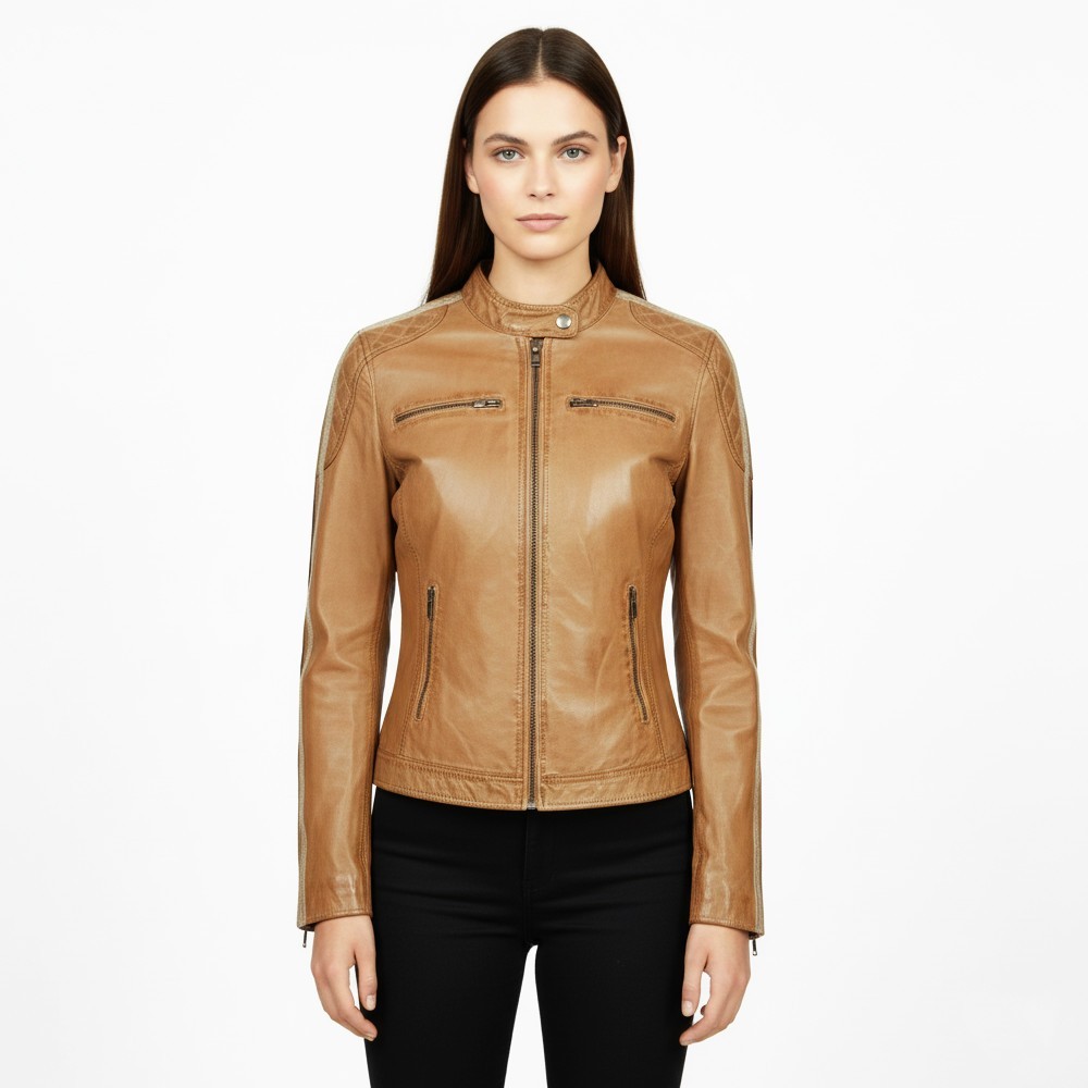 Blouson en cuir d’agneau marron camel avec détails