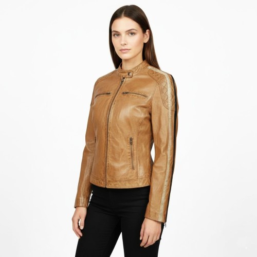 Blouson en cuir d’agneau marron camel avec détails