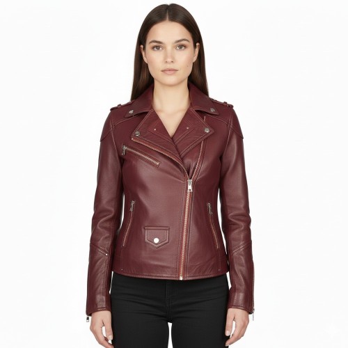 perfecto femme en cuir d’agneau rouge avec fermeture zippée asymétrique scarlet-vibe