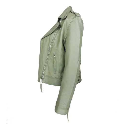 Blouson perfecto vert pistache en cuir d’agneau pour femme – style biker élégant et moderne