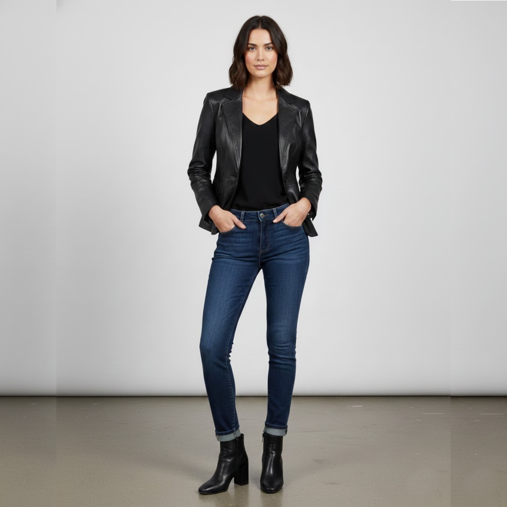 Veste courte blazer cuir noir femme avec col cranté et coupe ajustée