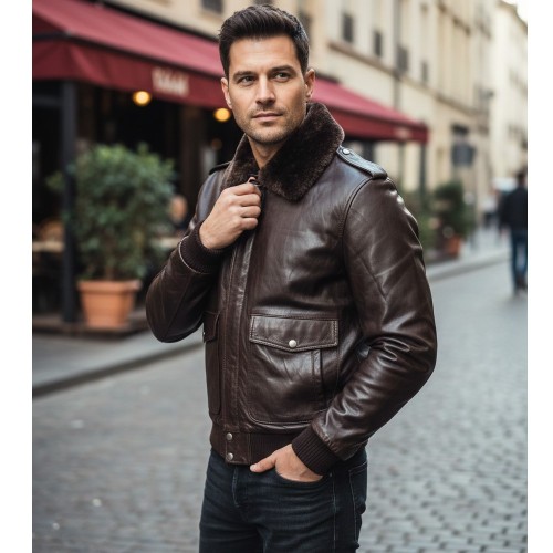 Blouson aviateur  Rustic Flight cuir marron homme avec col amovible et poches pression