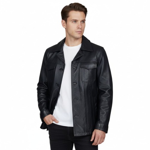 Veste cuir de buffle mi-longue noir homme