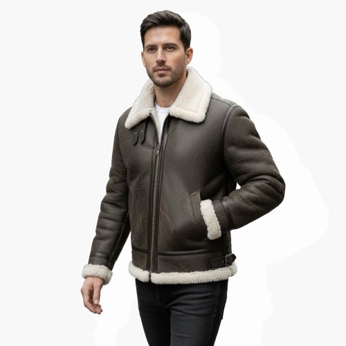 Veste Bombardier homme en peau de mouton retourné avec fourrure naturelle