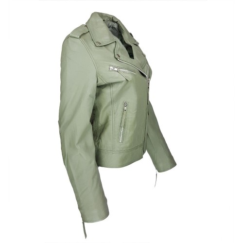 Blouson perfecto vert pistache en cuir d’agneau pour femme – style biker élégant et moderne