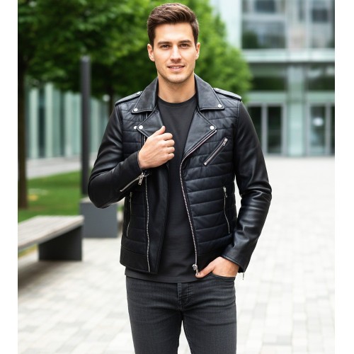 blouson cuir bi-matière noir homme
