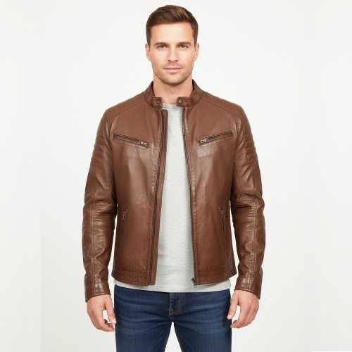 blouson cuir d'agneau marron