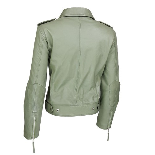 Blouson perfecto vert pistache en cuir d’agneau pour femme – style biker élégant et moderne