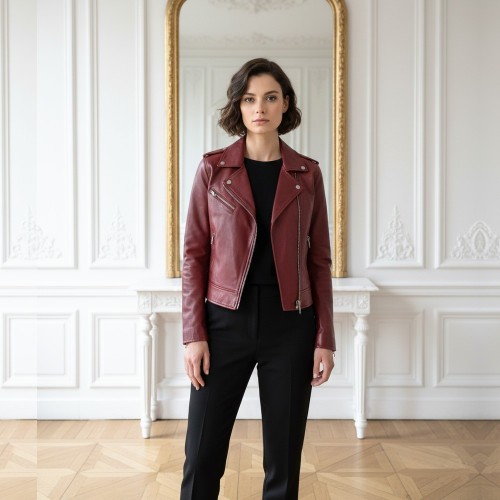 Blouson Perfecto Cuir d’Agneau Femme Couleur Rouge