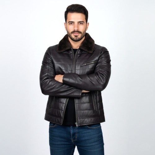 Blouson homme en cuir d’agneau matelassé marron
