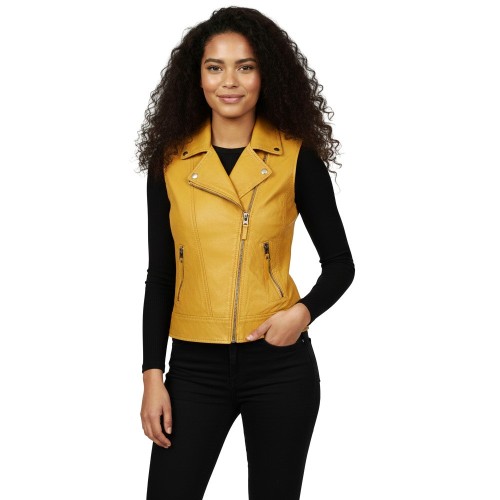 Gilet sans Manche en Cuir d’Agneau Jaune Moutarde  Femme