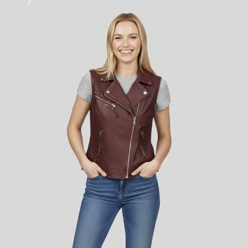 Gilet sans manche en cuir pourpre au style affirmé, entre élégance et esprit biker.