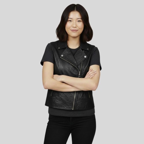 gilet sans manche cuir d’agneau noir femme