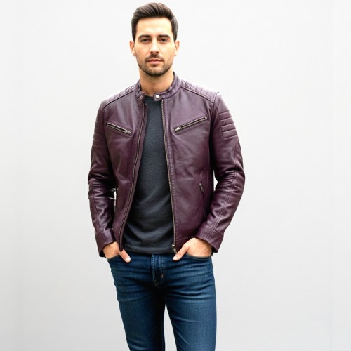 Blouson homme en cuir d’agneau bordeaux avec col rond