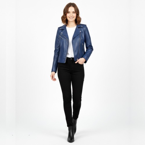 Blouson perfecto femme en cuir d’agneau bleu