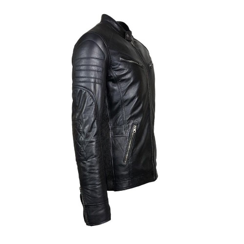 Blouson Homme en Cuir d’Agneau Noir – Style Moderne avec Détails Moto