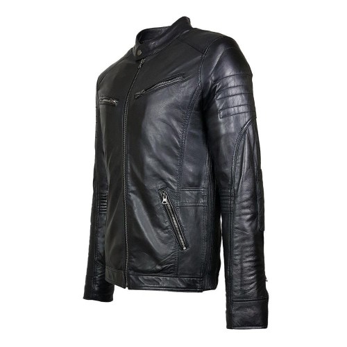 Blouson Homme en Cuir d’Agneau Noir – Style Moderne avec Détails Moto